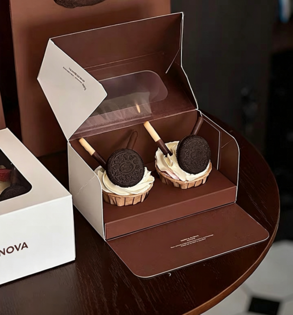 2 cupcake packaging box with clear PVC window and brown fixed insert divider for bakery desserts