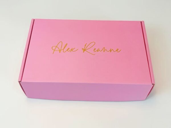 Custom Gold Foil Script Logo Pink Mailer Box | Full Color Printed Corrugated Shipping Packaging Box Wholesale