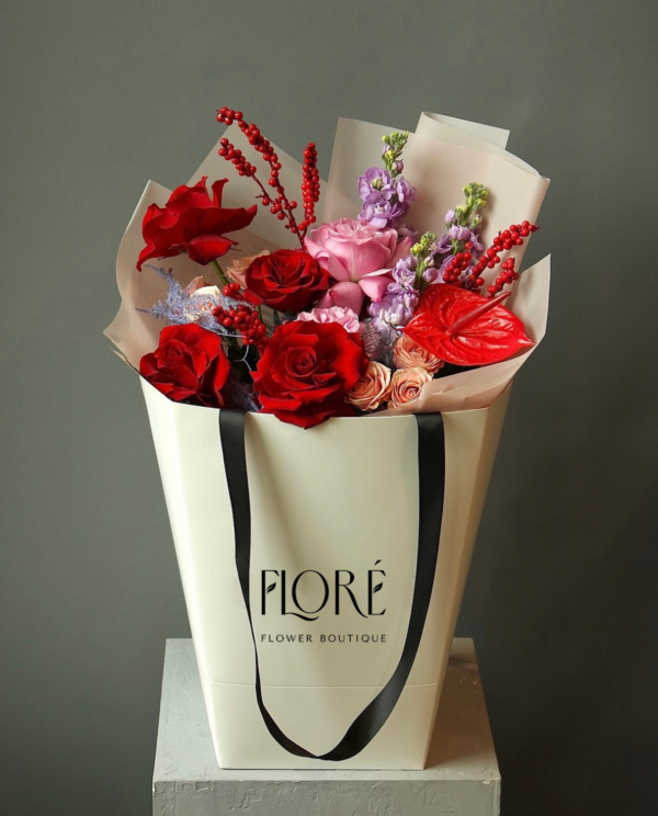 Custom Flower Bouquet Paper Bag with Ribbon Handle | Luxury Floral Gift Tote Bag with Custom Logo Printing for Flower Shop