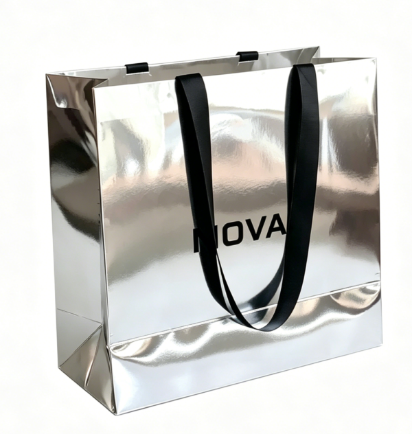Silver-mirror-metallic-paper-shopping-bag-luxury-black-ribbon-handle-boutique-gift-tote-white-background