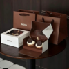 2 cupcake packaging box set matched with branded brown paper tote bag for cafe takeaway