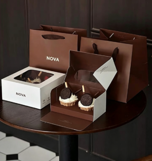 custom bakery packaging 2 cupcake packaging box set matched with branded brown paper tote bag for cafe takeaway