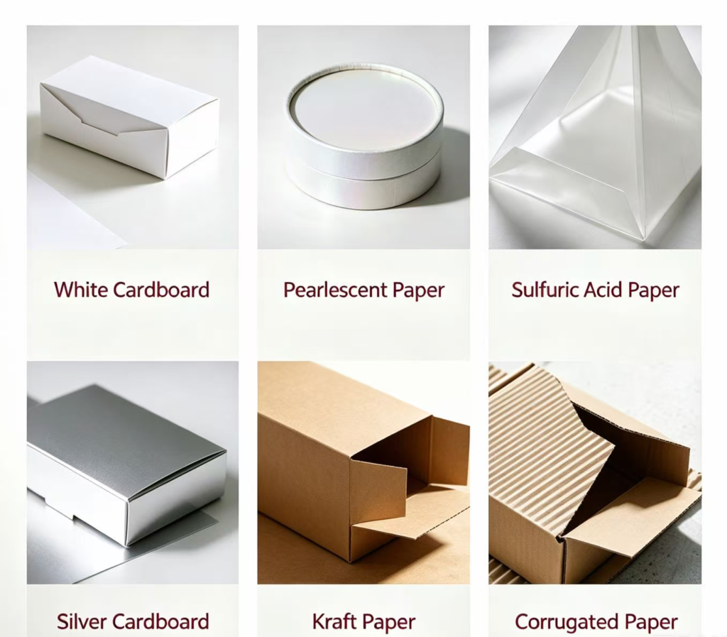 Custom-paper-packaging-material-showcase-white-card-pearlescent-tracing-silver-card-kraft-corrugated-paper-gift-boxes
