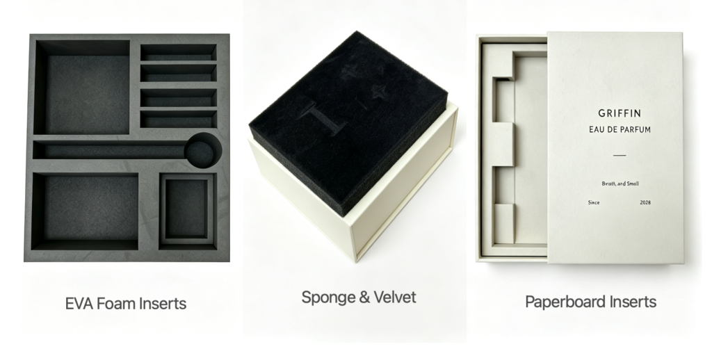 Custom molded gift box lining showcase, EVA foam insert, protective sponge insert, recyclable paperboard insert for perfume and cosmetic packaging