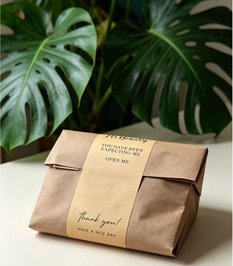 Kraft paper gift packaging box with custom printed paper band sticker for small beauty brand orders