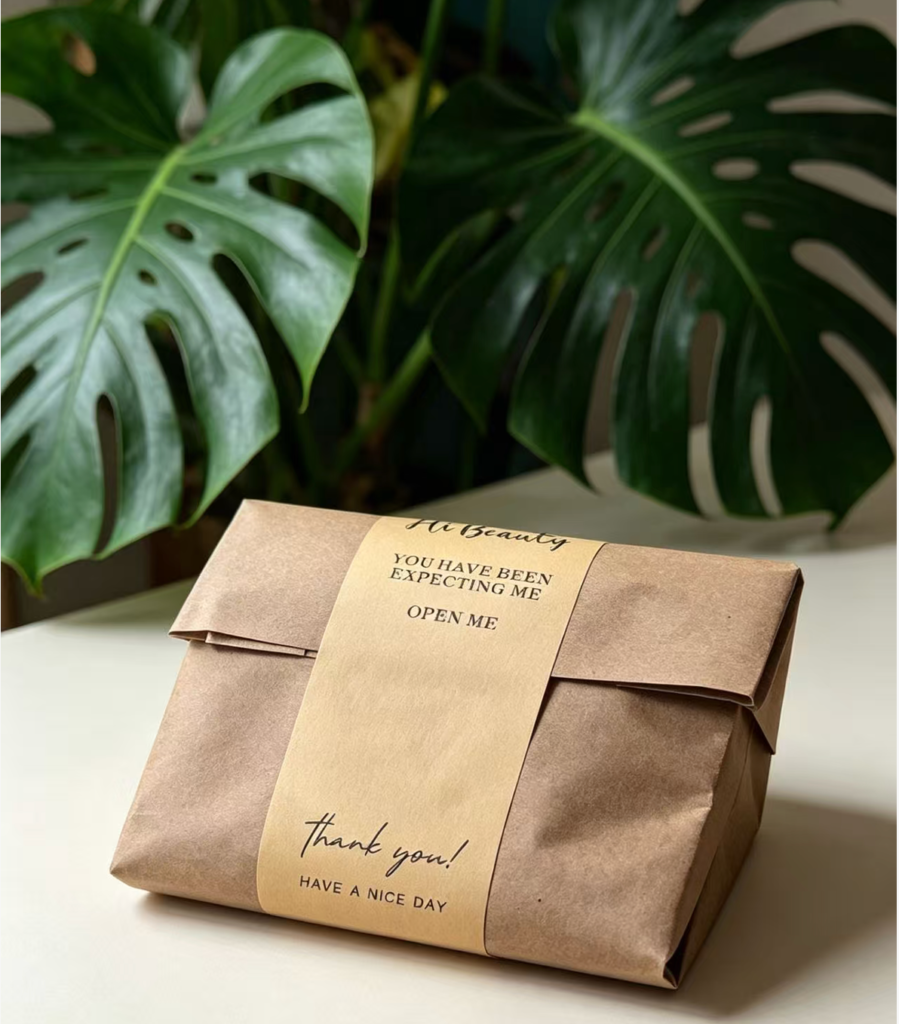 Kraft paper gift packaging box with custom printed paper band sticker for small beauty brand orders
