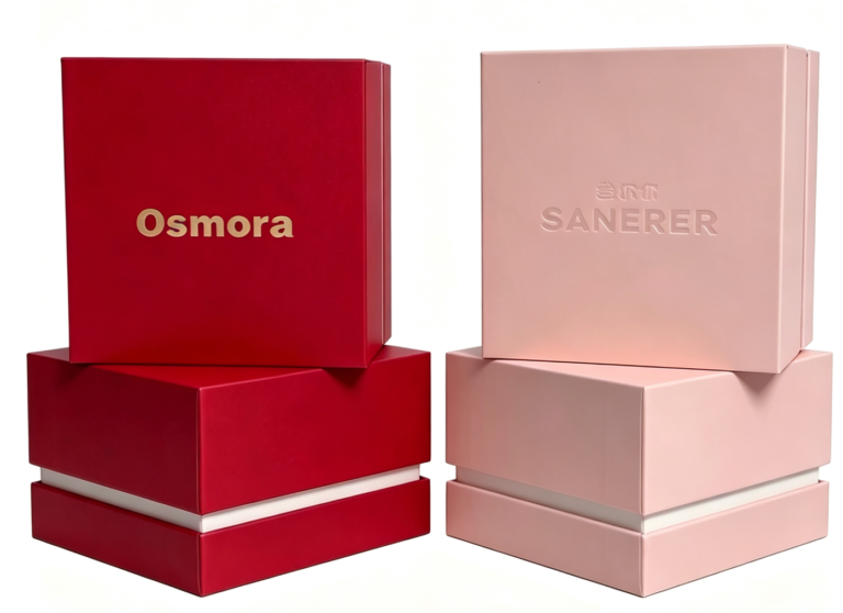 Custom printed rigid gift box for handmade jewelry, red matte lid with vintage gold foil brand pattern, striped side panel design