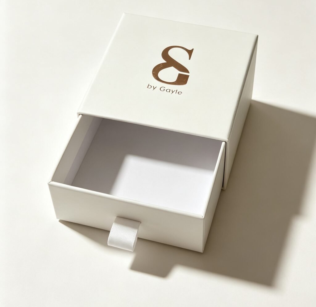 Minimalist-white-slide-drawer-packaging-box-with-custom-rose-gold-foil-stamping-logo-luxury-pull-ribbon-gift-box-for-jewelry-cosmetic-and-small-boutique-brand