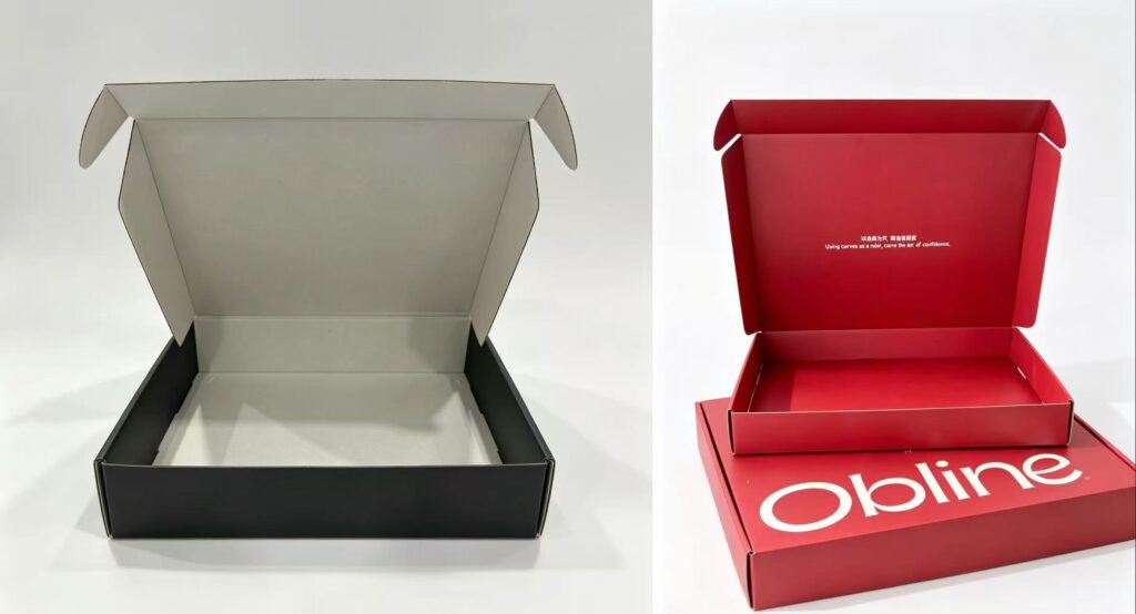 Two open custom mailer boxes comparison, matte black blank shipping box and branded red Obline apparel packaging box, white studio background