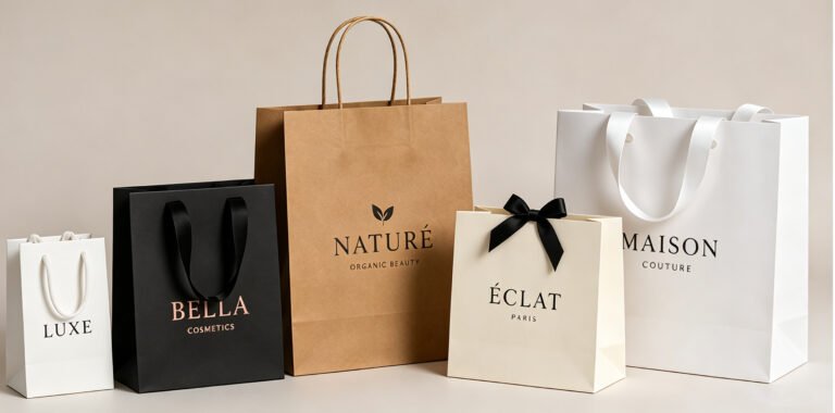 custom paper bags with logo in different sizes and materials for retail brand packaging