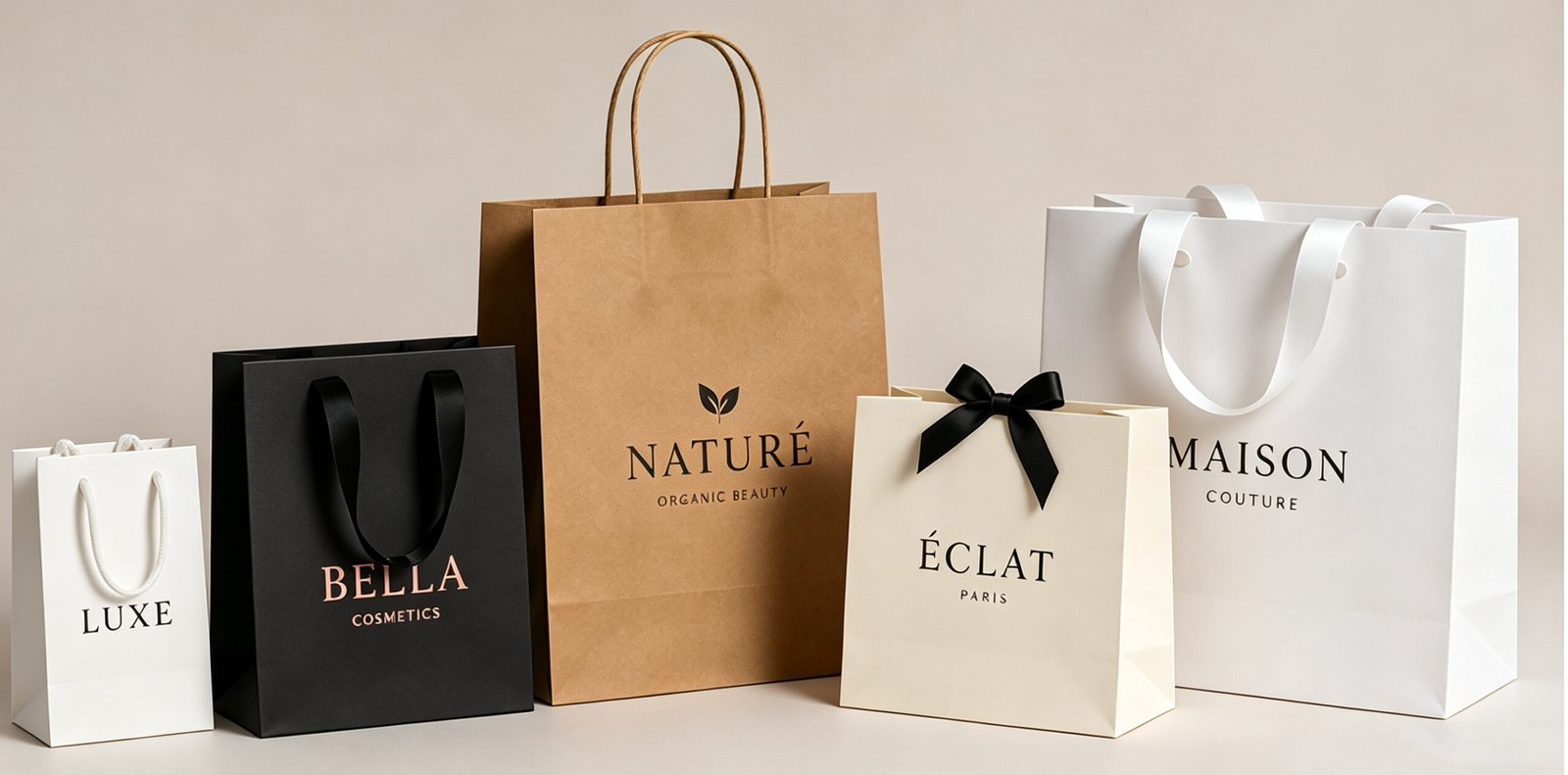 custom paper bags with logo in different sizes and materials for retail brand packaging