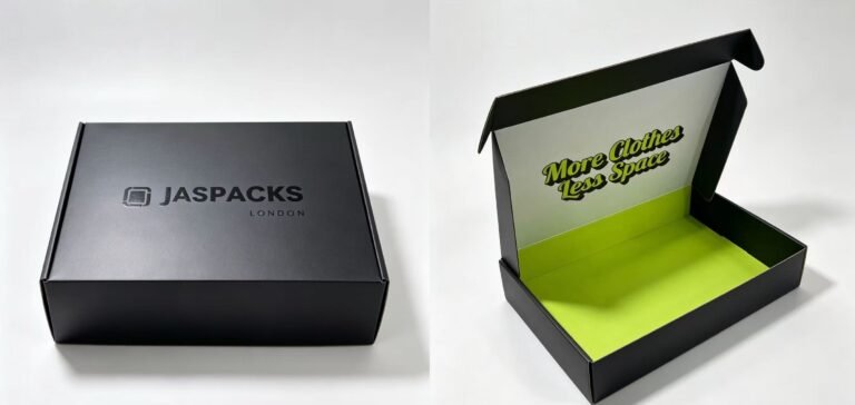 Custom matte black apparel mailer box open flat, light grey lid inner wall, vibrant lime green base, retro letter print "More Clothes Less Space", branded clothing packaging box, studio white background