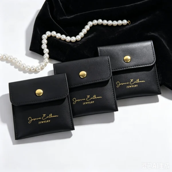 black-pu-leather-jewelry-pouch-metal-snap-button Custom Drawer Jewelry Box with Foil Stamped Logo and PU Leather Pouch Set