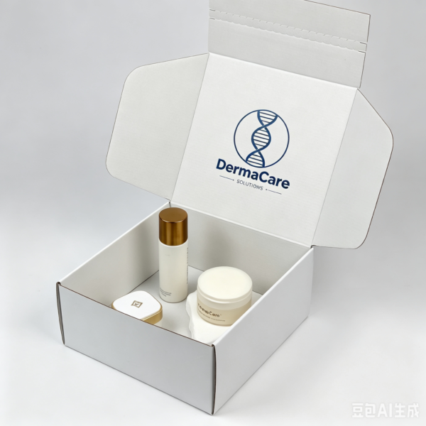 Custom printed white tear strip mailer box with inner Dermacare brand logo, pre-packed full skincare set including toner, cream and serum jars, cosmetic gift packaging