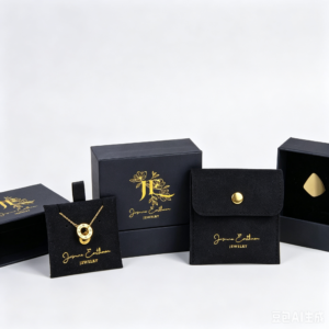 Custom drawer jewelry box with gold foil stamped logo and black PU leather pouch with snap button 