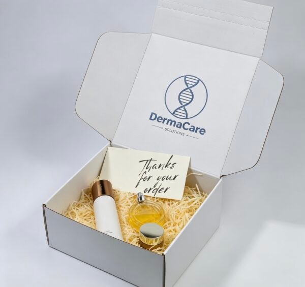 Custom printed white tear strip mailer box with inner Dermacare DNA logo, filled with skincare bottles, cream jar, shredded paper and thank you note, light grey background wholesale cosmetic shipping packaging