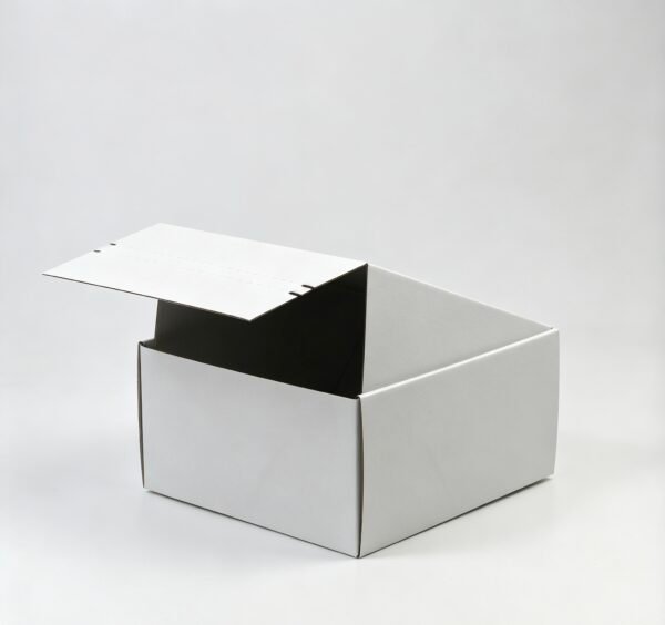 Side view plain white tear strip shipping mailer box with easy tear perforated strip, blank corrugated cosmetic packaging
