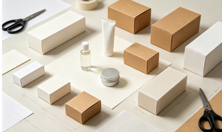 Various sizes of blank kraft and white cardboard packaging boxes with skincare product samples on design table, early‑stage brand packaging prototype testing scene