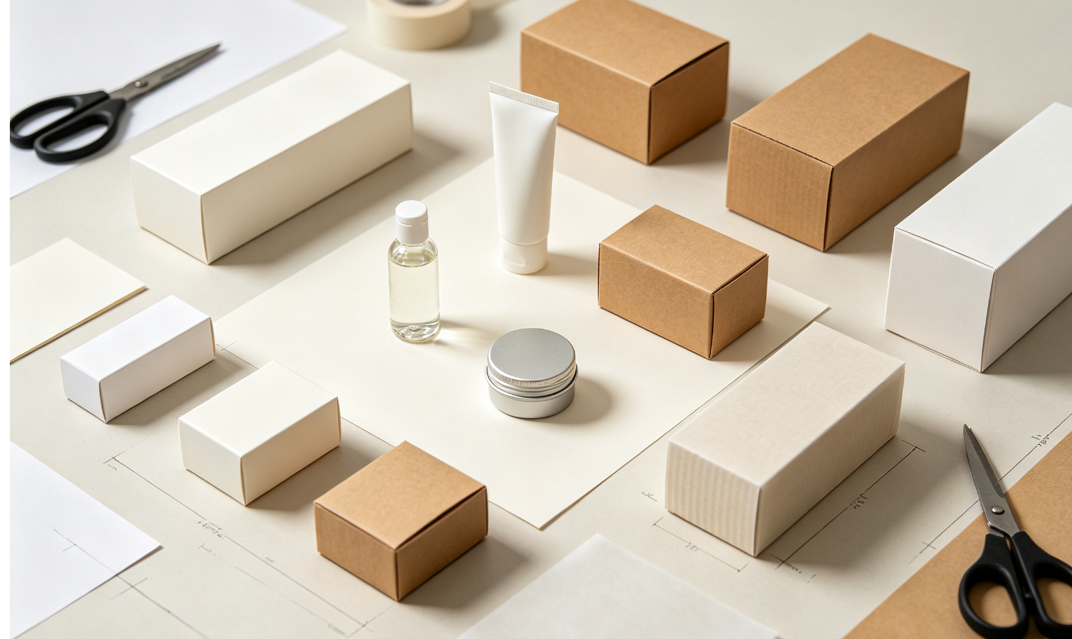 Various sizes of blank kraft and white cardboard packaging boxes with skincare product samples on design table, early‑stage brand packaging prototype testing scene