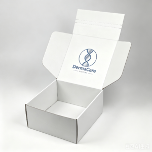 Vertical shot blank white tear strip mailer box with custom blue Dermacare DNA logo printed on inner flap, luxury skincare packaging box light grey background